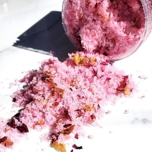 Strawberry infused bath salts with Rose petals.